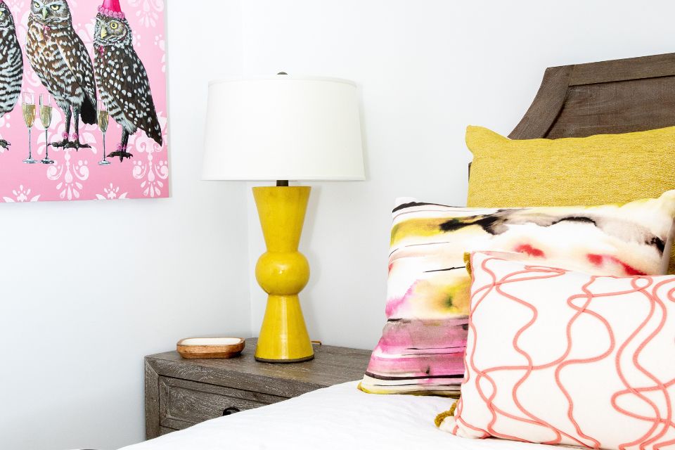 bold pink and yellow in a bedroom Design by KANDRAC & KOLE  Photography by CATMAX PHOTOGRAPHY